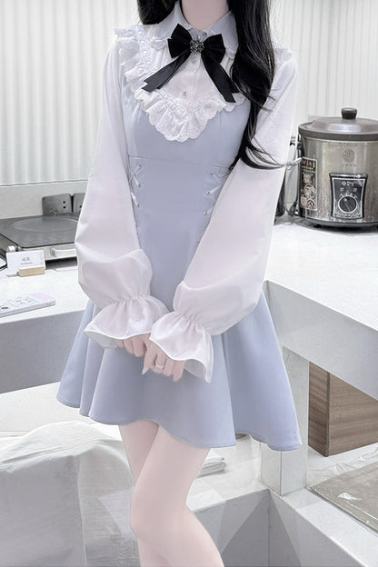 Aqua Long Sleeves Bowknot Lace-Up Sweet Jirai Kei Dress