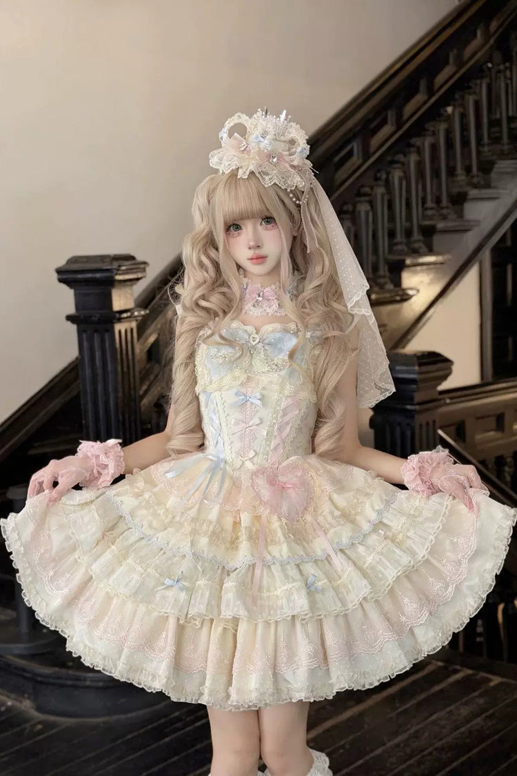 Apricot/Pink [Cloudwhale Dreamweaver] Square Collar Multi-Layered Ruffled Bow Lace Sweet Lolita Jsk Dress