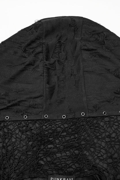 Black Long Sleeves Stitching Irregular Hooded Mesh Ripped Men's Gothic Coat