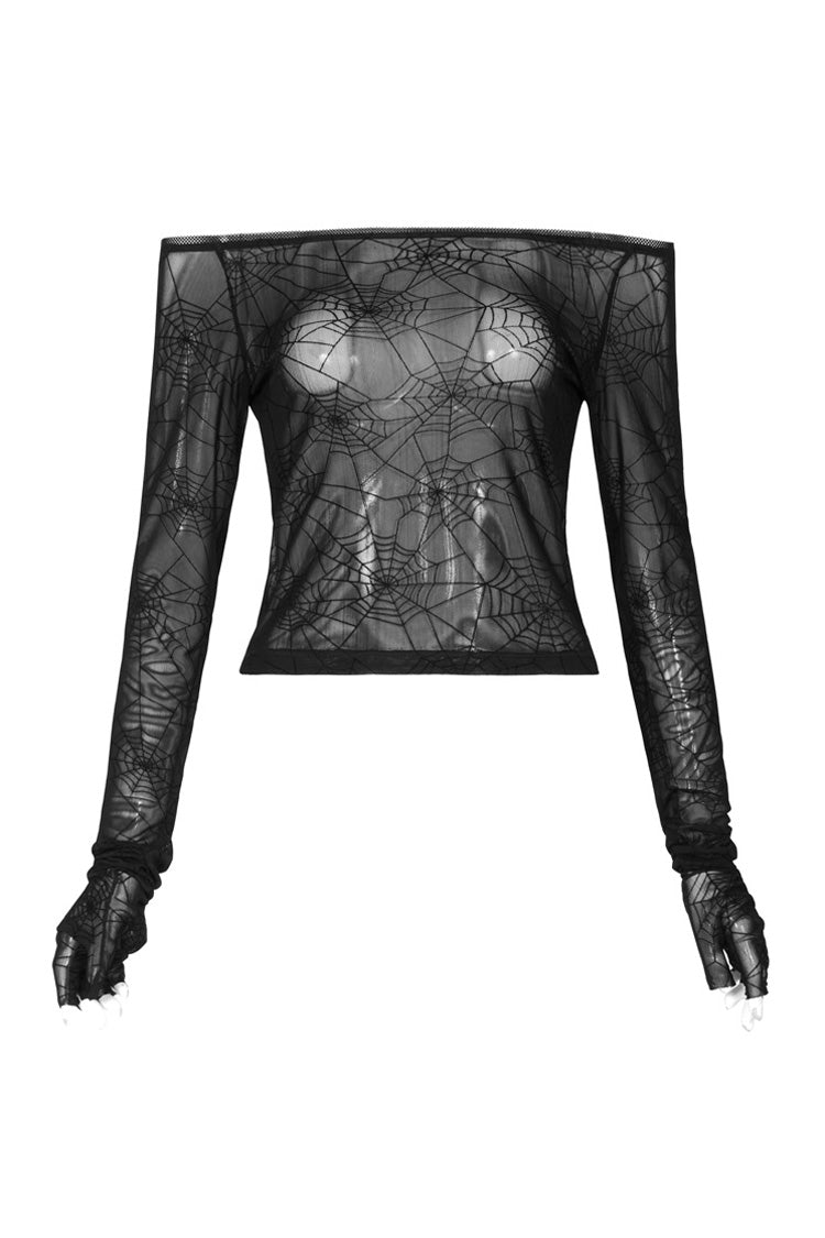Black Long Sleeve One Word Collar Half Cut Finger Cuffs Tight Velvet Cobweb Prints Women's Punk T-Shirt