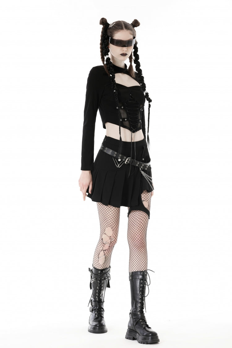 Black Long Sleeves Cut-Out Spliced Mesh Zippered Strappy Eyelet Women's Punk Crop Top