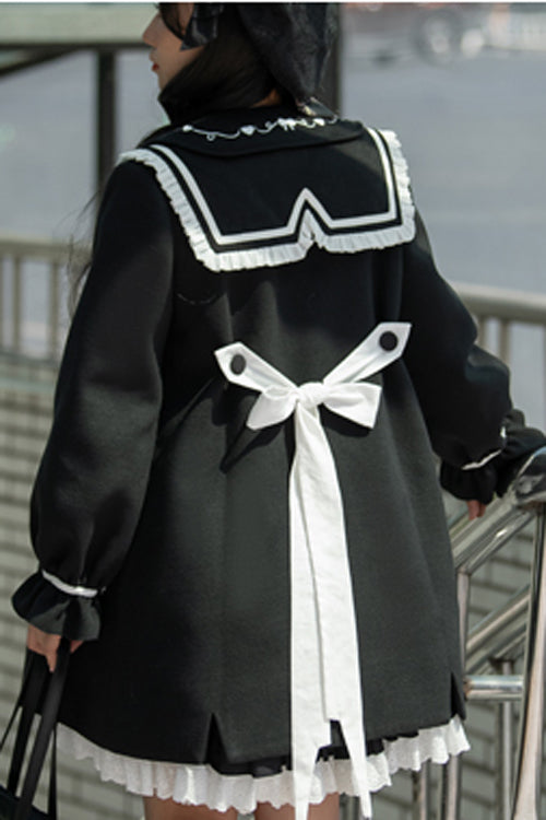 Black Horn Button Suit Collar Lantern Sleeves Back Bow Sweet Lolita Coat