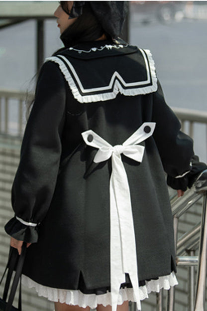 Black Horn Button Suit Collar Lantern Sleeves Back Bow Sweet Lolita Coat