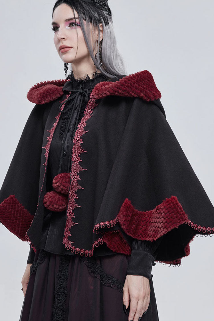 Black Gothic Petal-Shaped Double-Faced Contrast Women's Wool Hooded Shawl