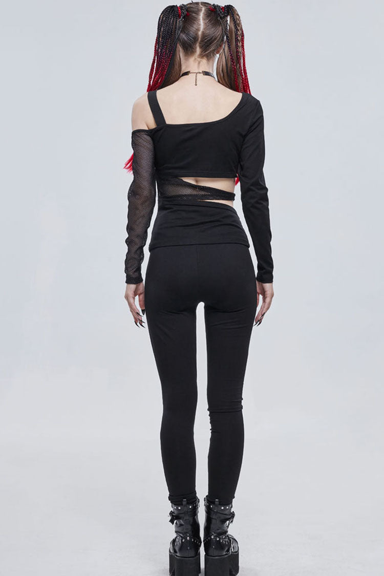 Black Gothic Ripped Spider Web Print Asymmetric Belt Buckle Decoration Women's Leggings