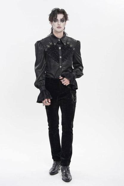 Black Cross Spider Turn-down Collar Long Trumpet Sleeves Printed Lace Men's Gothic Shirt