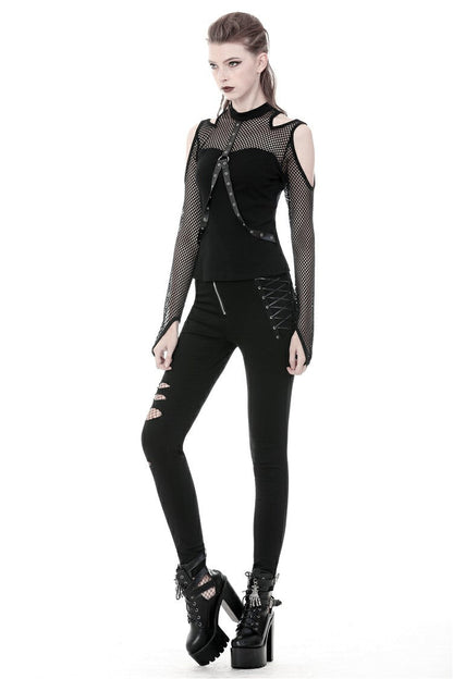 Black Off Shoulder Long Sleeves Mesh Crossed Harness Straps Eyelet Sexy Women's Punk Top