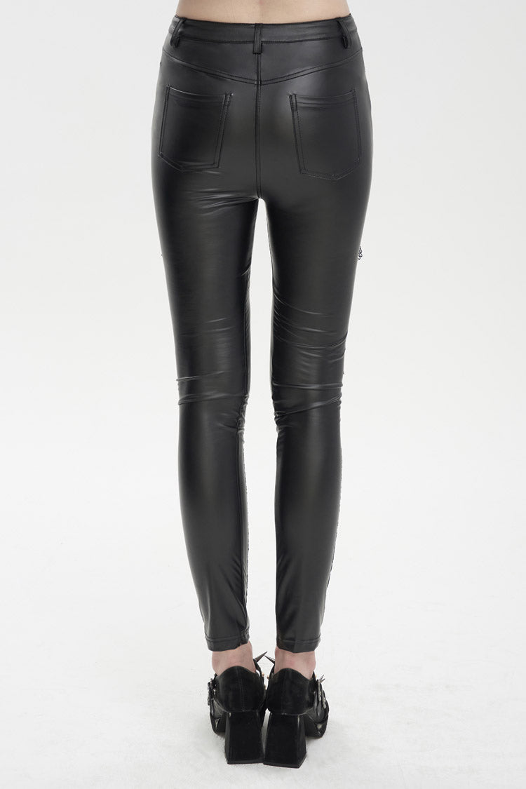 Black Flocked Stretch Slim Thigh Lace String Adjustable Women's Gothic Leggings