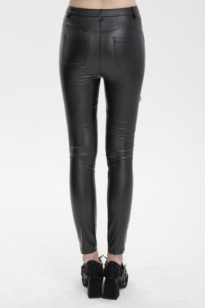 Black Flocked Stretch Slim Thigh Lace String Adjustable Women's Gothic Leggings