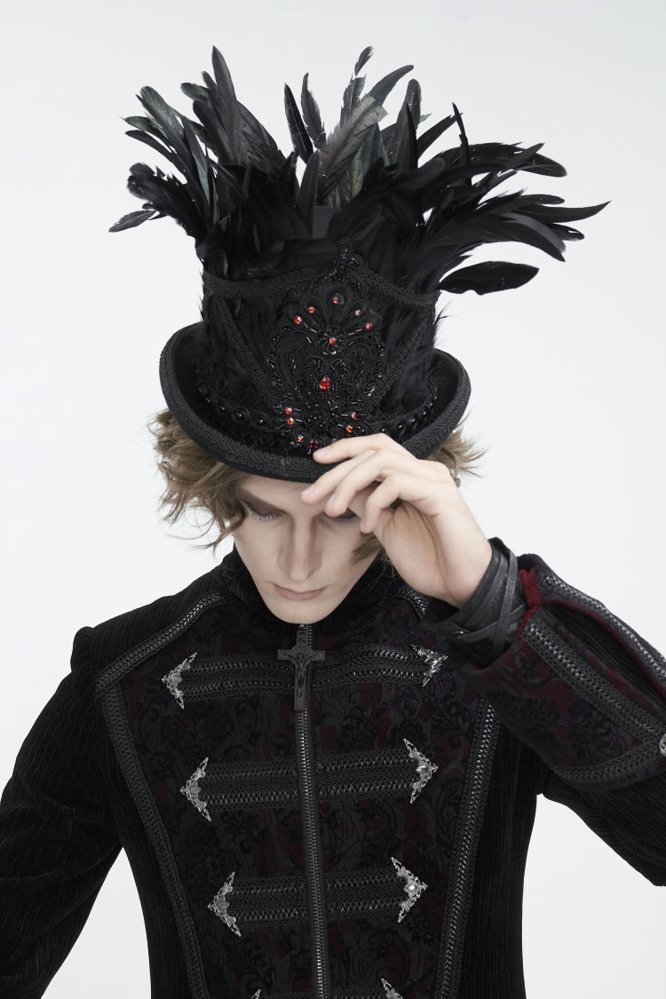 Black Embroidered Men's Gothic Palace Accessory Floral Feather Top Hat