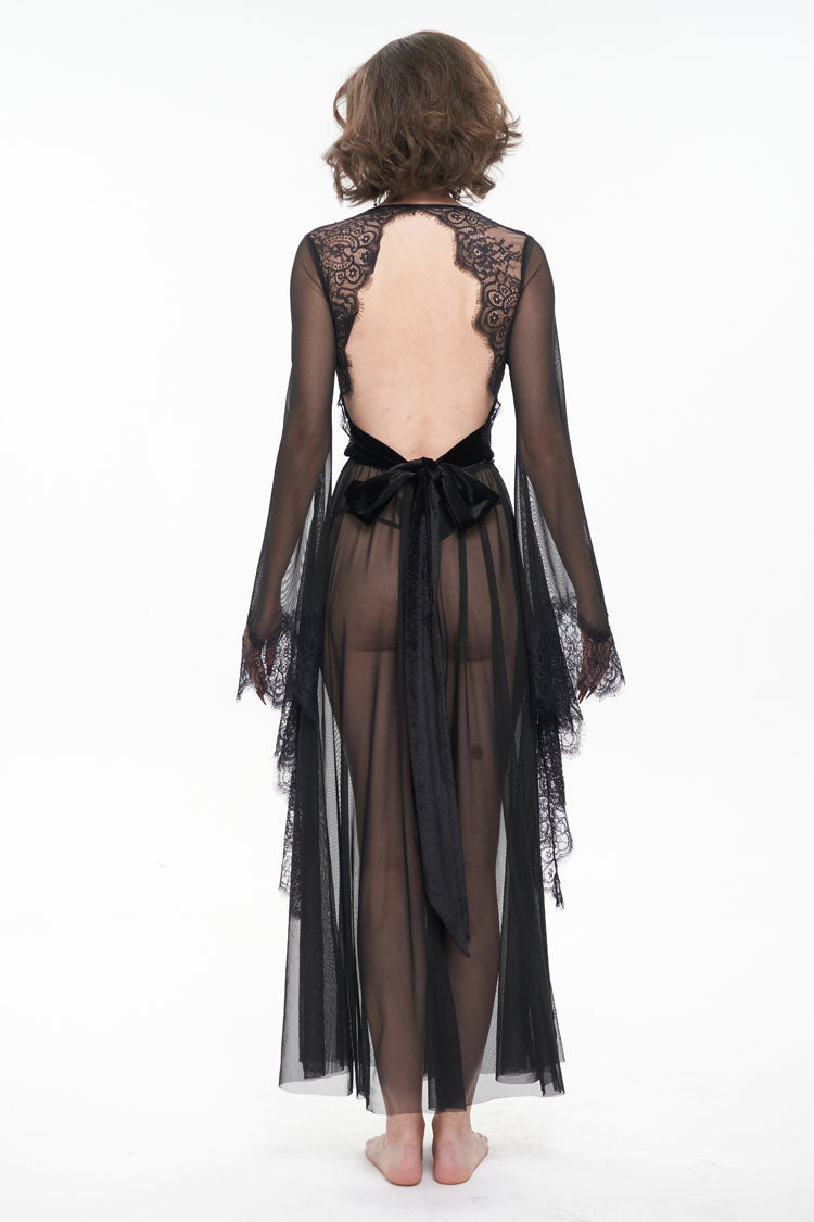 Black Perspective V-Neck Sexy Backless Lace Up Lace Flare Sleeve Women's Gothic Dress