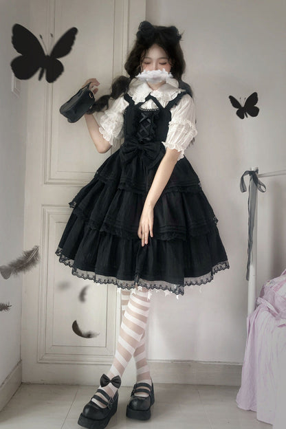 Black First Love Triple-Layered Ruffle Bowknot Lace Gothic Lolita Jsk Dress