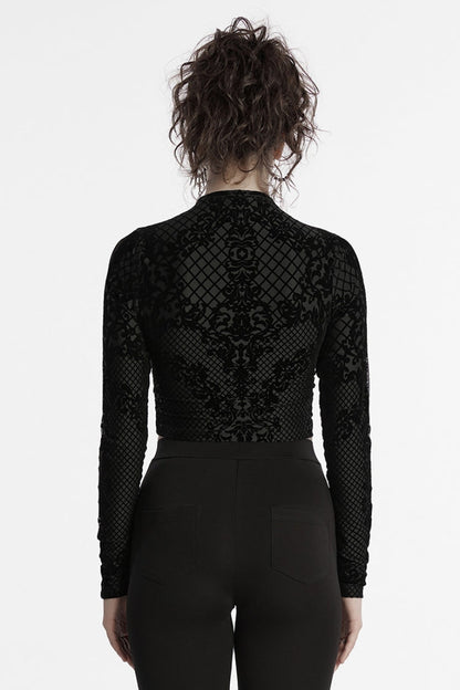 Black Long Sleeves Flocking Mesh Zipper Women's Gothic Jacket