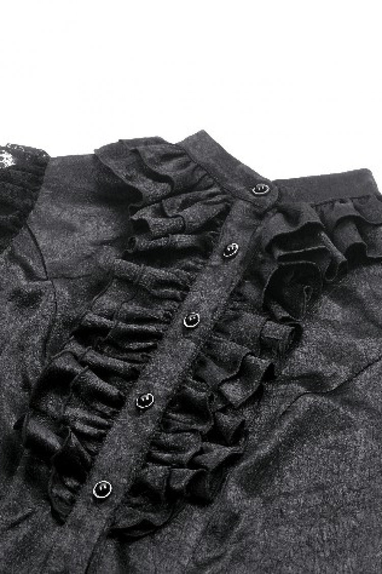 Black Long Lantern Sleeves Ruffled Spliced Lace Women's Gothic Blouse