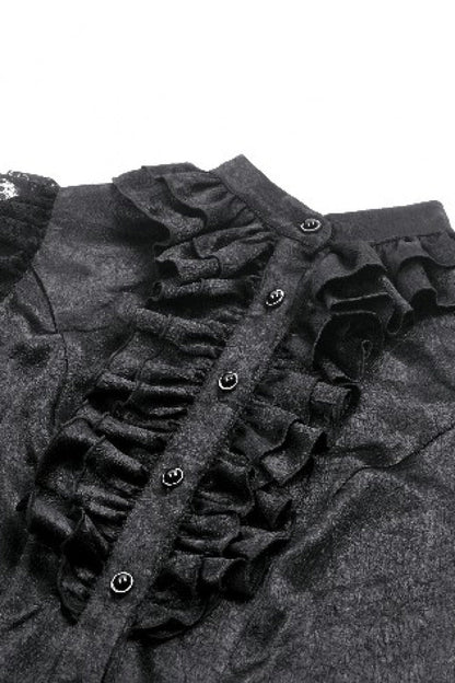 Black Long Lantern Sleeves Ruffled Spliced Lace Women's Gothic Blouse