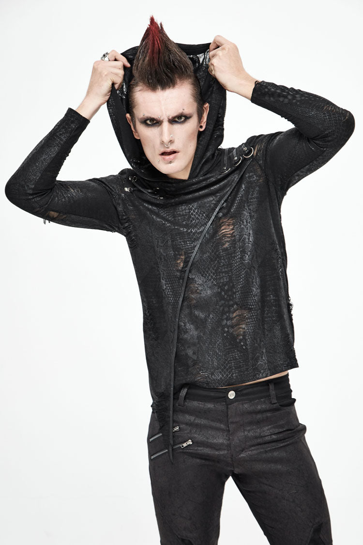 Black Broken Holes Knit Shoulder Lace-Up Irregular Hem Hooded Men's Punk T-Shirt