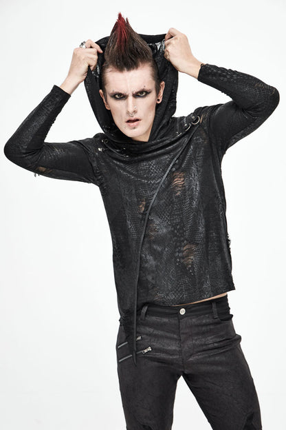 Black Broken Holes Knit Shoulder Lace-Up Irregular Hem Hooded Men's Punk T-Shirt