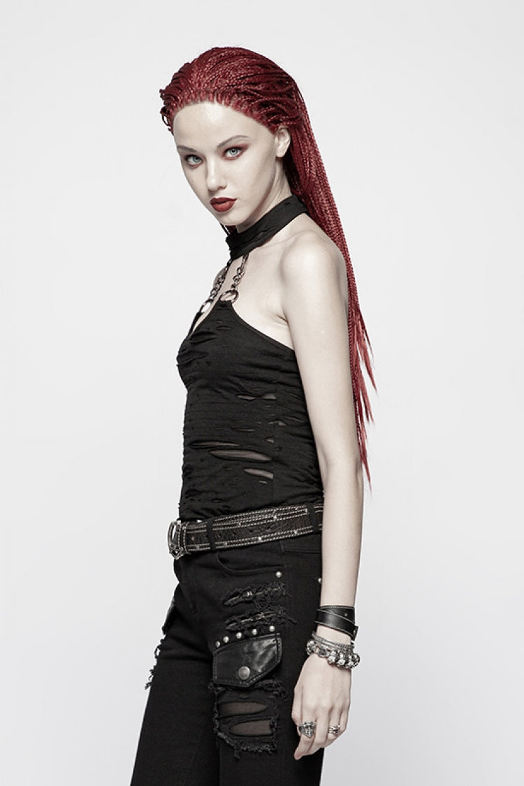 Black Metal Chain Sleeveless Ripped Women's Halter Steampunk Vest