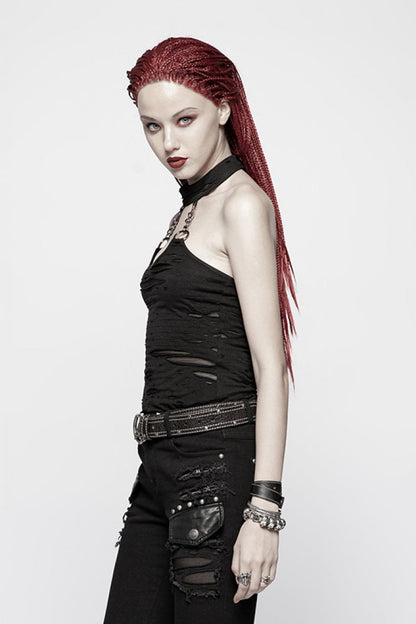 Black Metal Chain Sleeveless Ripped Women's Halter Steampunk Vest