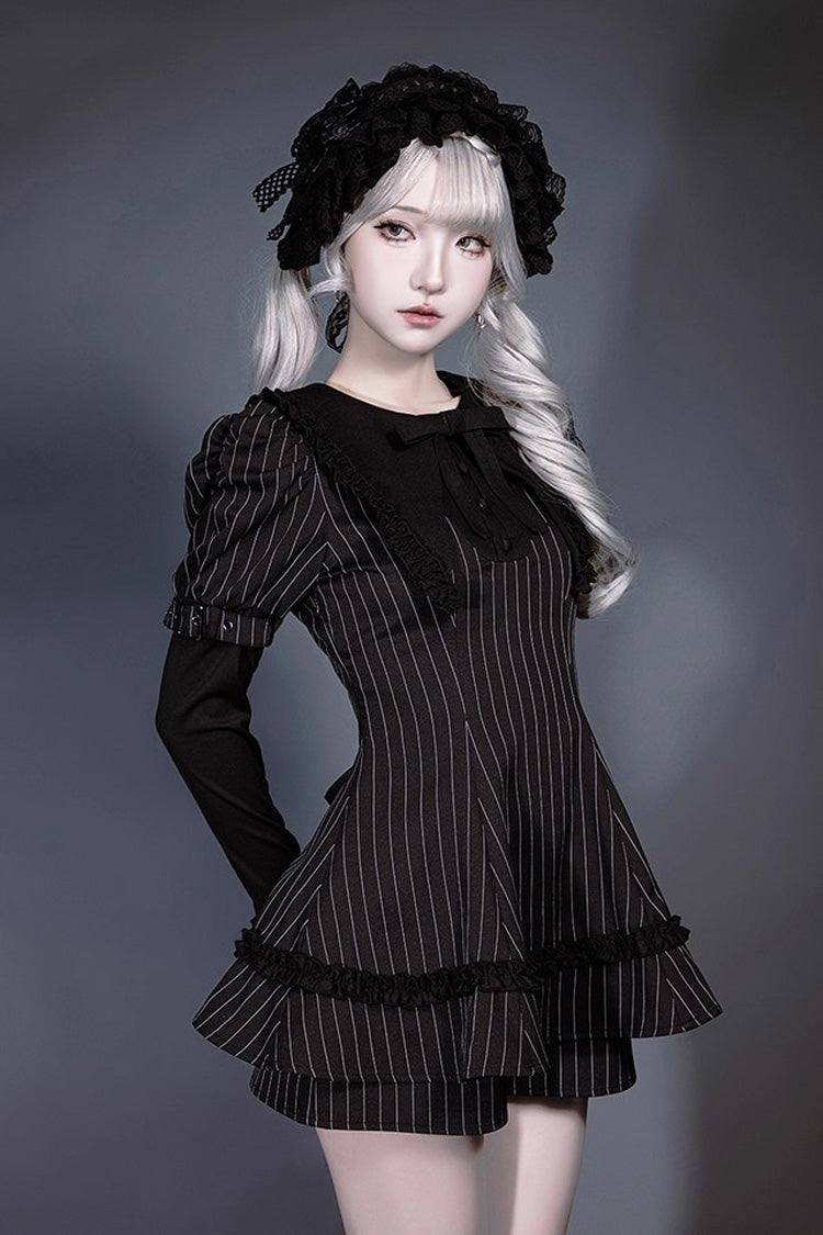 Black Long Sleeves Vertical Stripe Print Ruffle Bowknot Jirai Kei Japanese Witch Set