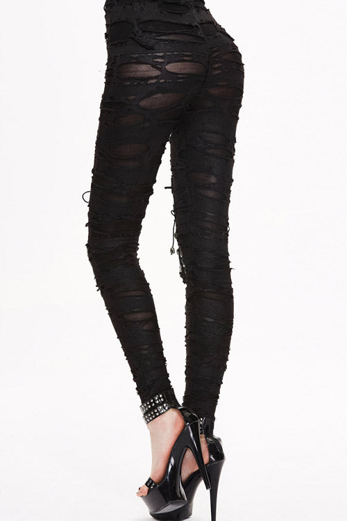 Black Leather Broken Holes Coated Knit Womens Pants