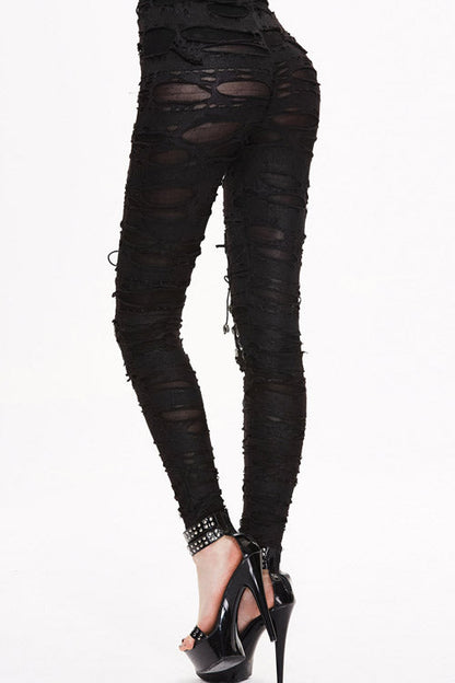 Black Leather Broken Holes Coated Knit Womens Pants