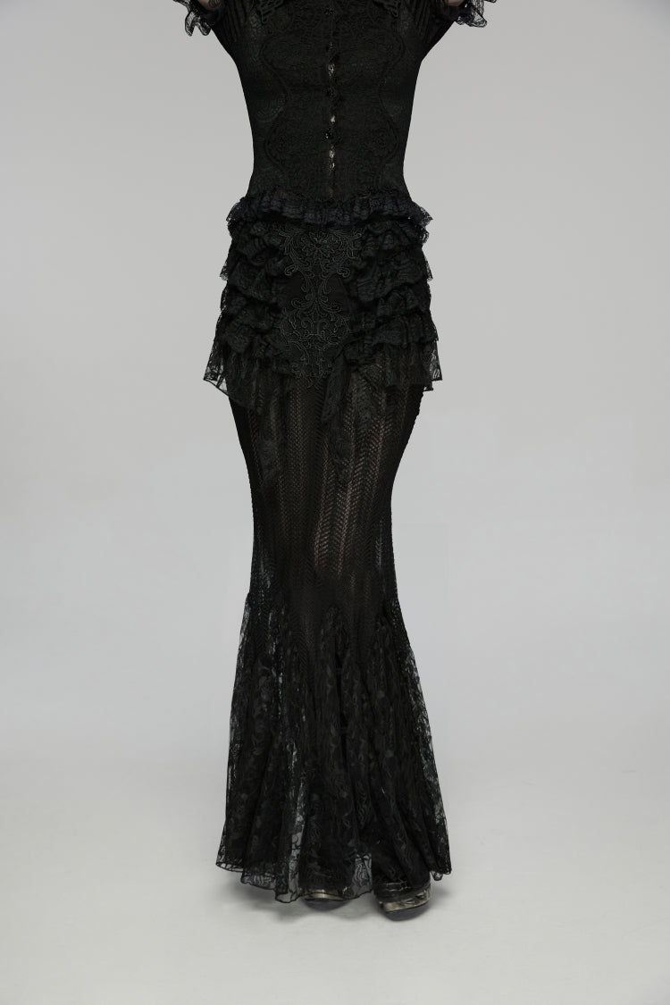 Black Embroidered Spliced Ruffled Lace Slim Mesh Women's Gothic  Mermaid Skirt