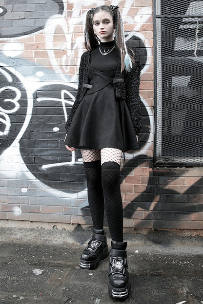 Black Casual Strap Buckle High Waist Women's Steam Punk Dress