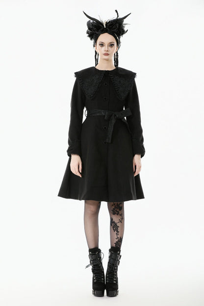 Black Floral Embroidered Peter Pan Collar Long Sleeves Bowknot Women's Gothic Coat