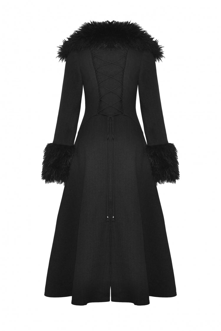 Black Long Sleeves Lace-Up Buckled Women's Gothic Draped Coat with Faux Fur Collar