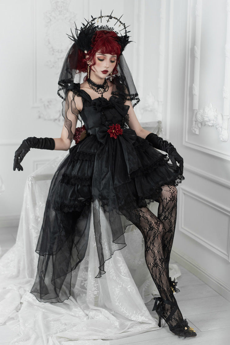 Black Multi-Layered Ruffled Hanayome Bow Pearl-Decorated Gothic Lolita Jsk Dress Full Set 2 Versions