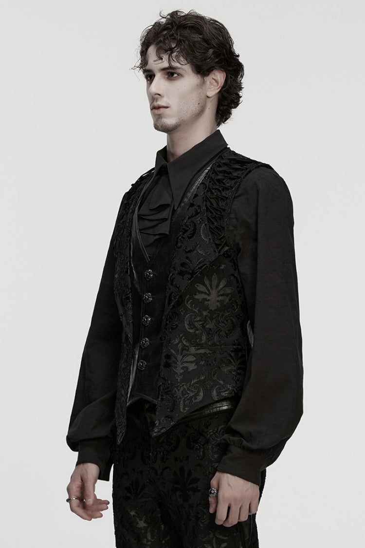 Black Long Sleeves V Collar Floral Embroidery Men's Gothic Vest