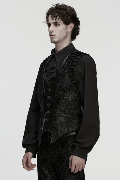 Black Long Sleeves V Collar Floral Embroidery Men's Gothic Vest