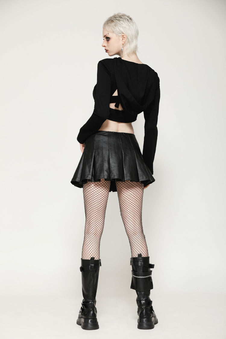 Black Low Waisted Buckle-Up Women's Punk PU Leather Pleated Mini Skirt