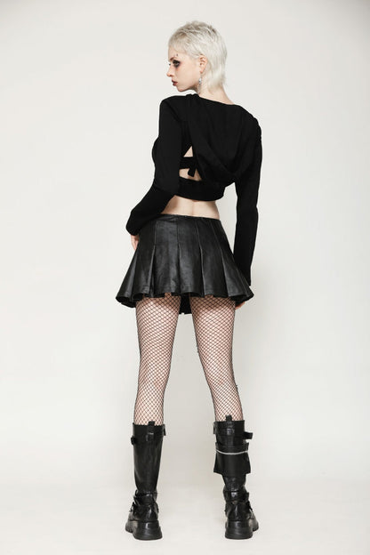 Black Low Waisted Buckle-Up Women's Punk PU Leather Pleated Mini Skirt