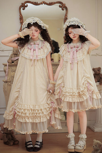 Apricot [Lily's Dream] Stand Collar Short Sleeves Loose-Fit Doll-Like Multi-Layered Ruffled Bow Lace Sweet Lolita Dress 2 Versions