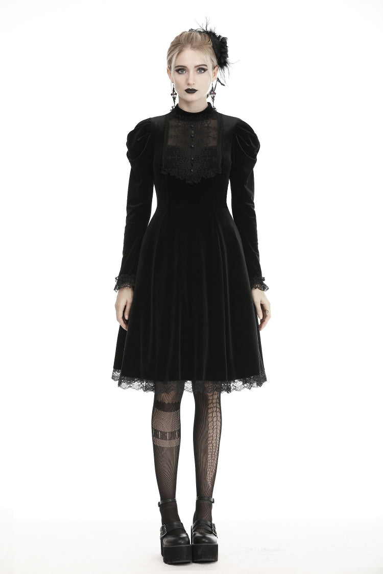 Black Lace Long Puff Sleeves Women's Gothic Velet Dress