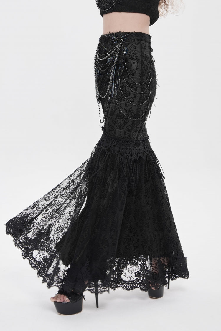 Black Double-Layered Embroidered Lace Slim Pearl-Decorated Women's Gothic Skirt