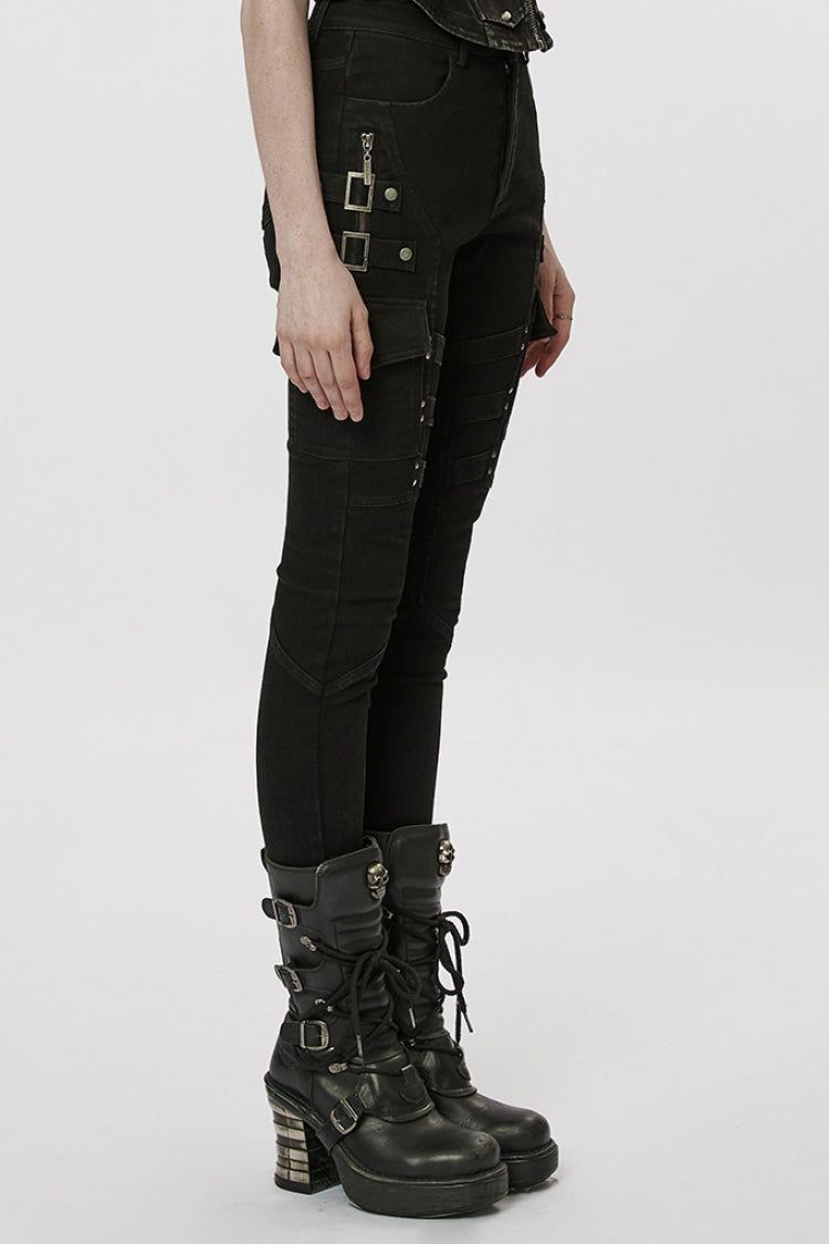 Black Multi-Pocket Buckle Women's Punk Jeans Pants