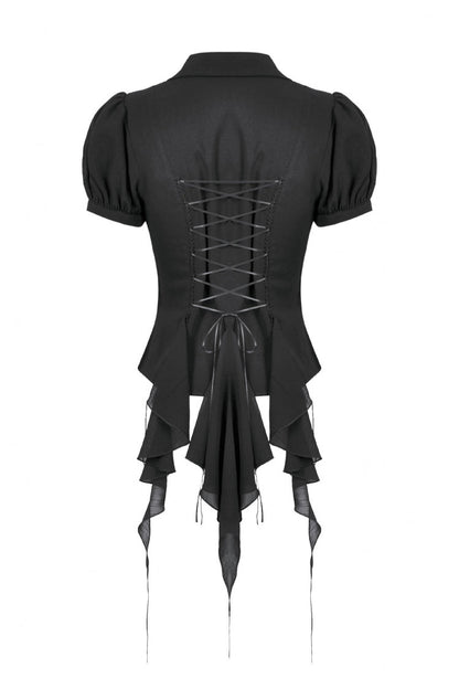 Black Multi-Layered Deep V Collar Pleated Short Puff Sleeves Lace-Up Gothic Blouse