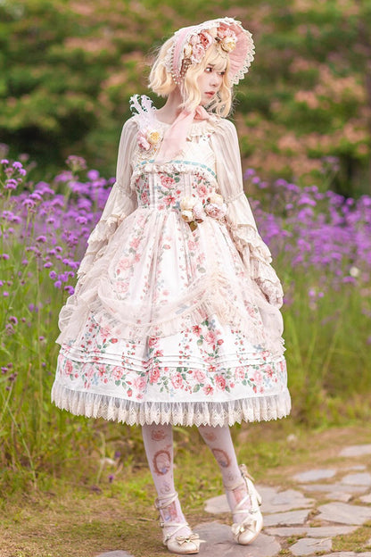 Apricot Rose Morning Dew Print Sweet Elegant Lolita Jsk Dress