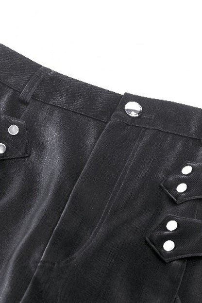Black Leather Women's Punk Buckled Side Slit Irregular Hem Skirt