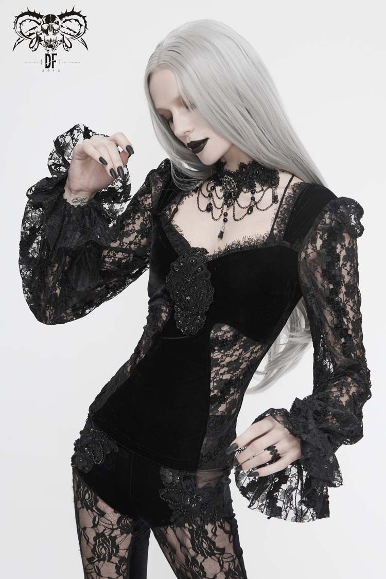 Black Front Chest Decals Lantern Sleeve Lace Cuff Back Lace-Up Knitted Velvet Women's Gothic T-Shirt