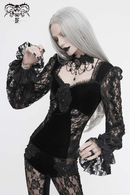 Black Front Chest Decals Lantern Sleeve Lace Cuff Back Lace-Up Knitted Velvet Women's Gothic T-Shirt