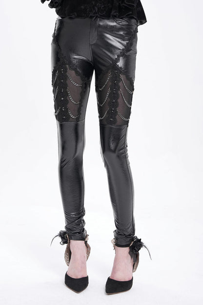 Black Chain Faux Leather Stitching Lace Women's Gothic Pants