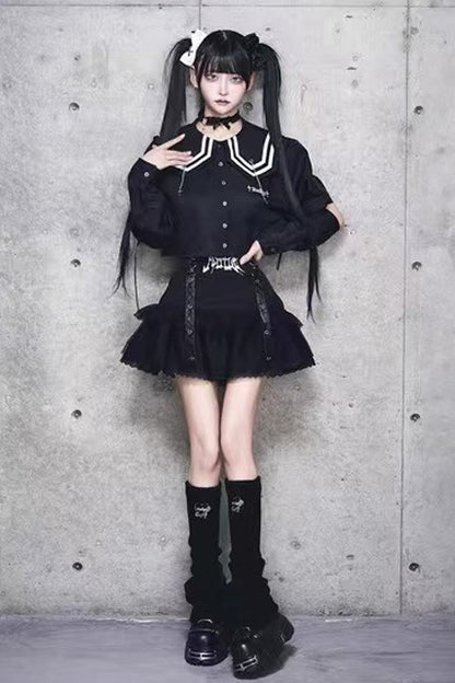 Black High Waisted Ruffle Embroidery Gothic Jirai Kei Japanese Skirt
