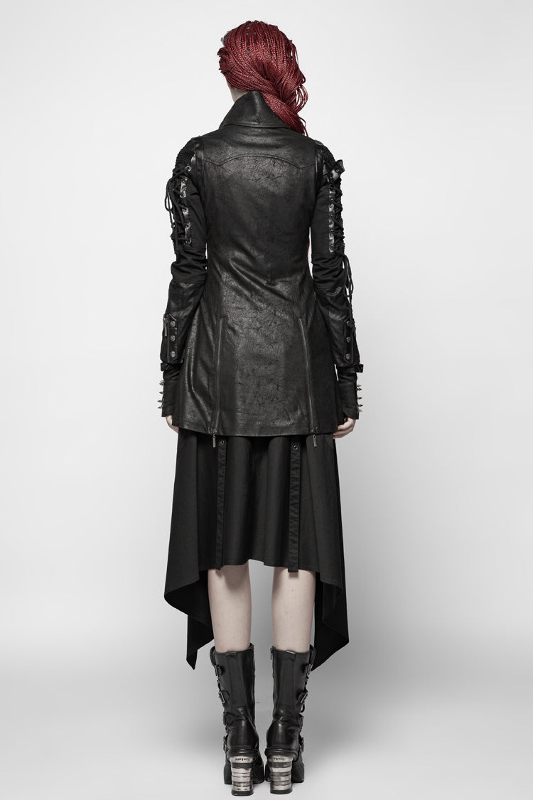 Black Metal Buckle Decoration Zipper Womens Steampunk Windbreaker Coat