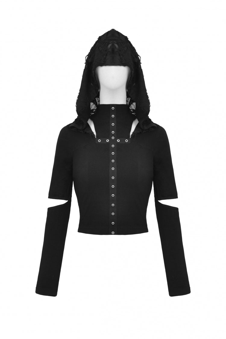Black Metal Cross Eyelet Long Sleeves Cut-Out Women's Punk Crop Top with Ripped Hood