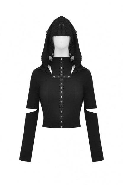 Black Metal Cross Eyelet Long Sleeves Cut-Out Women's Punk Crop Top with Ripped Hood