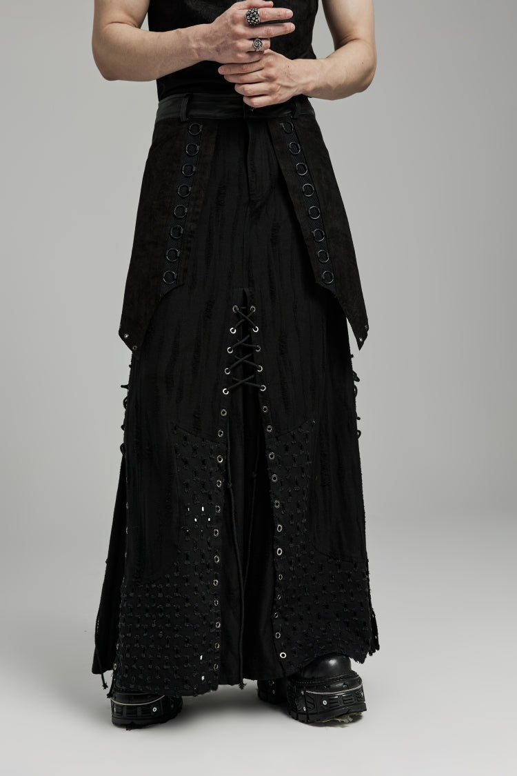 Black Lace-Up Ripped Eyelet Men's Punk Skirt